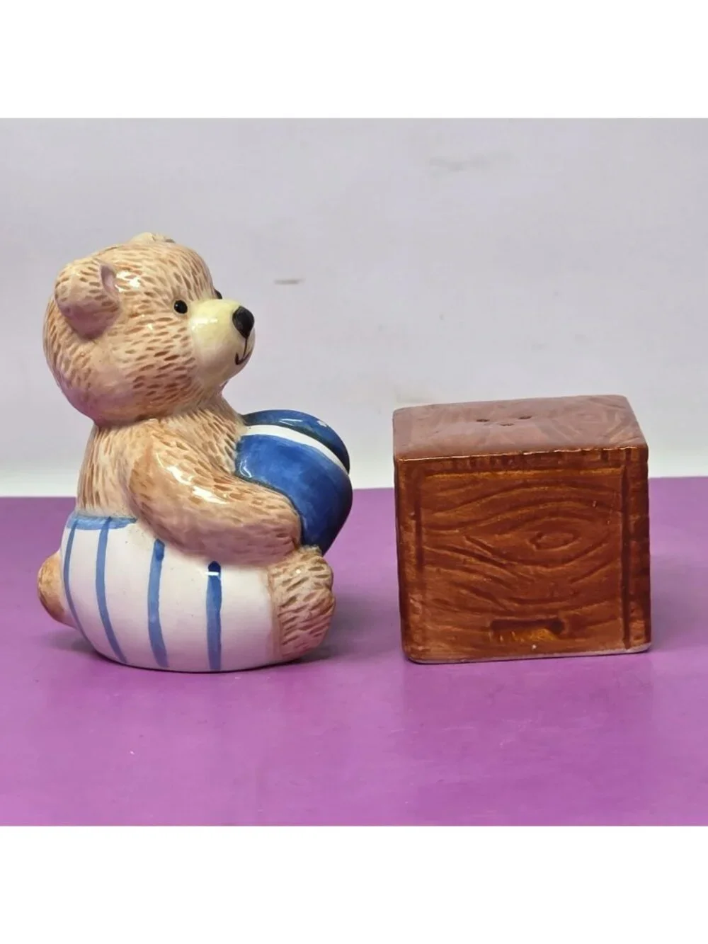 Ceramic Teddy Bear Honey Pot Salt Pepper Shakers Vintage Brown Blue Hand-Painted